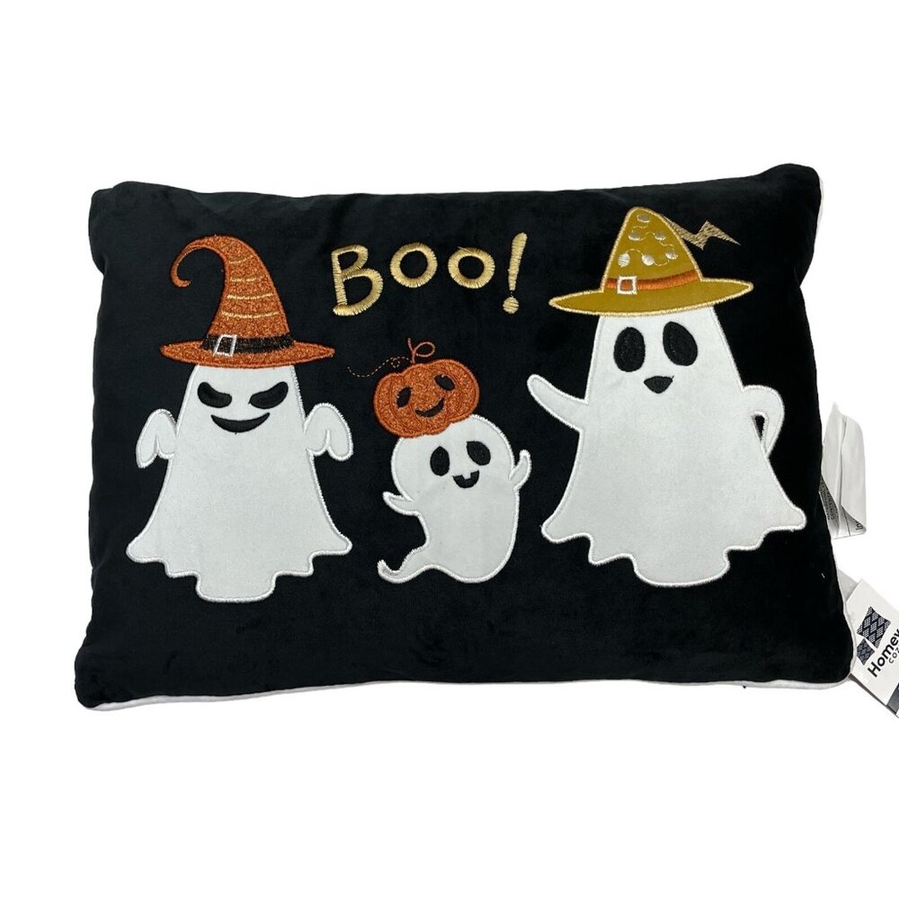 Halloween Throw Pillow Black‎ Velvet Applique Embroidered Ghost Boo Pumpkin